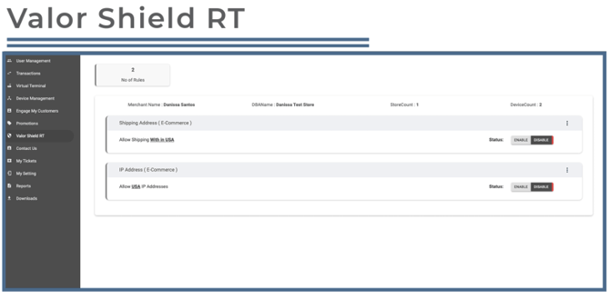 Merchant Portal- Valor Sheilt RT