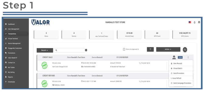 Valor Terminal- Issue Multiple Partial Refunds- Step 1