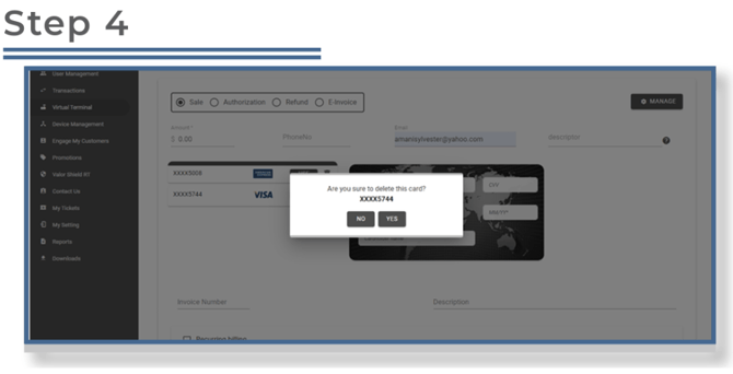 Valor Virtual Terminal Deleting Tokenized Cards Step 4