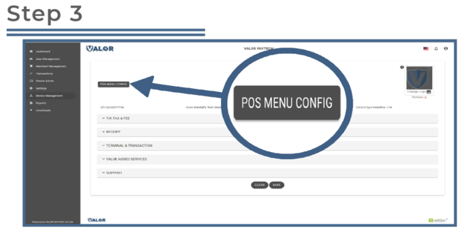 Valor portal- modify transaction options on POS Device- Step 3