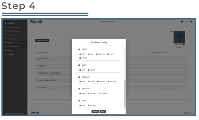 Valor portal- modify transaction options on POS Device- Step 4